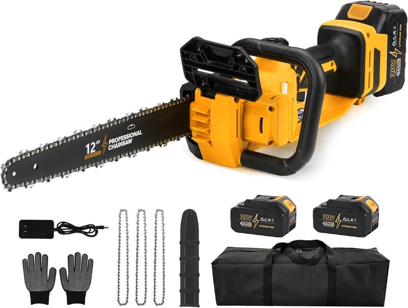 FXAFXA 12" Electric Chainsaw Cordless, 20V Battery Powered Cordless Chain Saw, Chainsaw with 2 x 4.0Ah Lithium ion Battery and Charger for Wood Cutting, Tree Trimming and Branch Pruning - Image 1